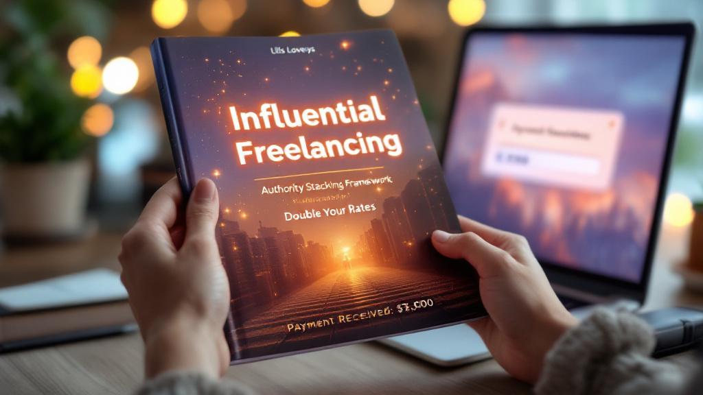 Person holding a book titled 'Influential Freelancing' with a blurred laptop in the background