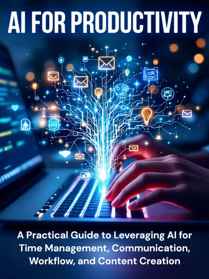 Book cover of 'AI for Productivity' with a hand typing on a laptop and digital tree of icons.