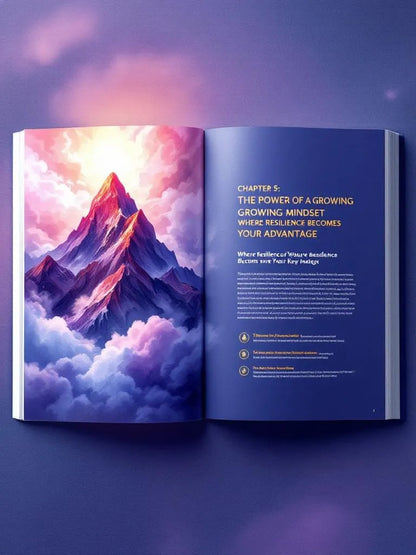Open book with a mountain illustration on the left page and text on the right against a purple background